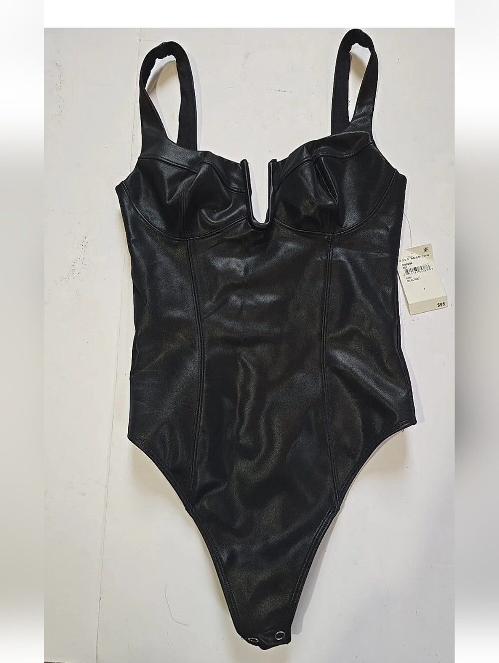 NWT Good American Black Faux-Leather One-Piece Bodysuit Size 1